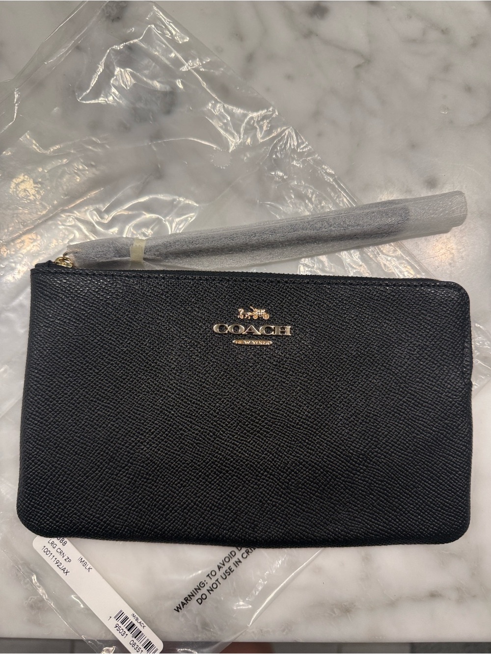 Coach Black Leather Wristlet Card Case with Gold Logo